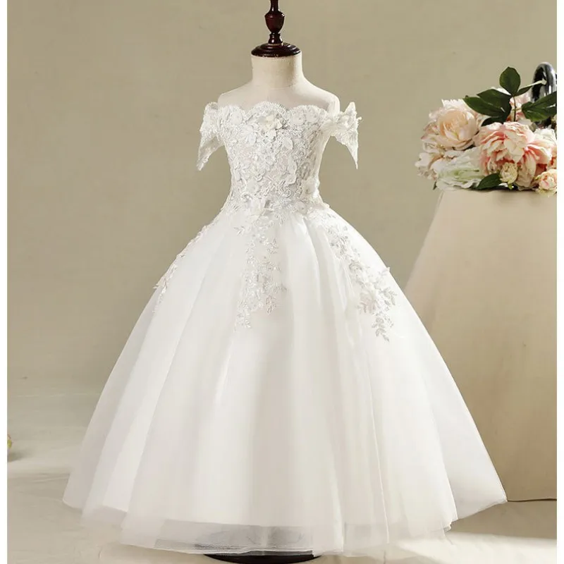 

Glizt Girls Shoulderless Wedding Dress Beaded Appliques Party Tulle Princess Birthday Dress Flower Girl First Communion Gown