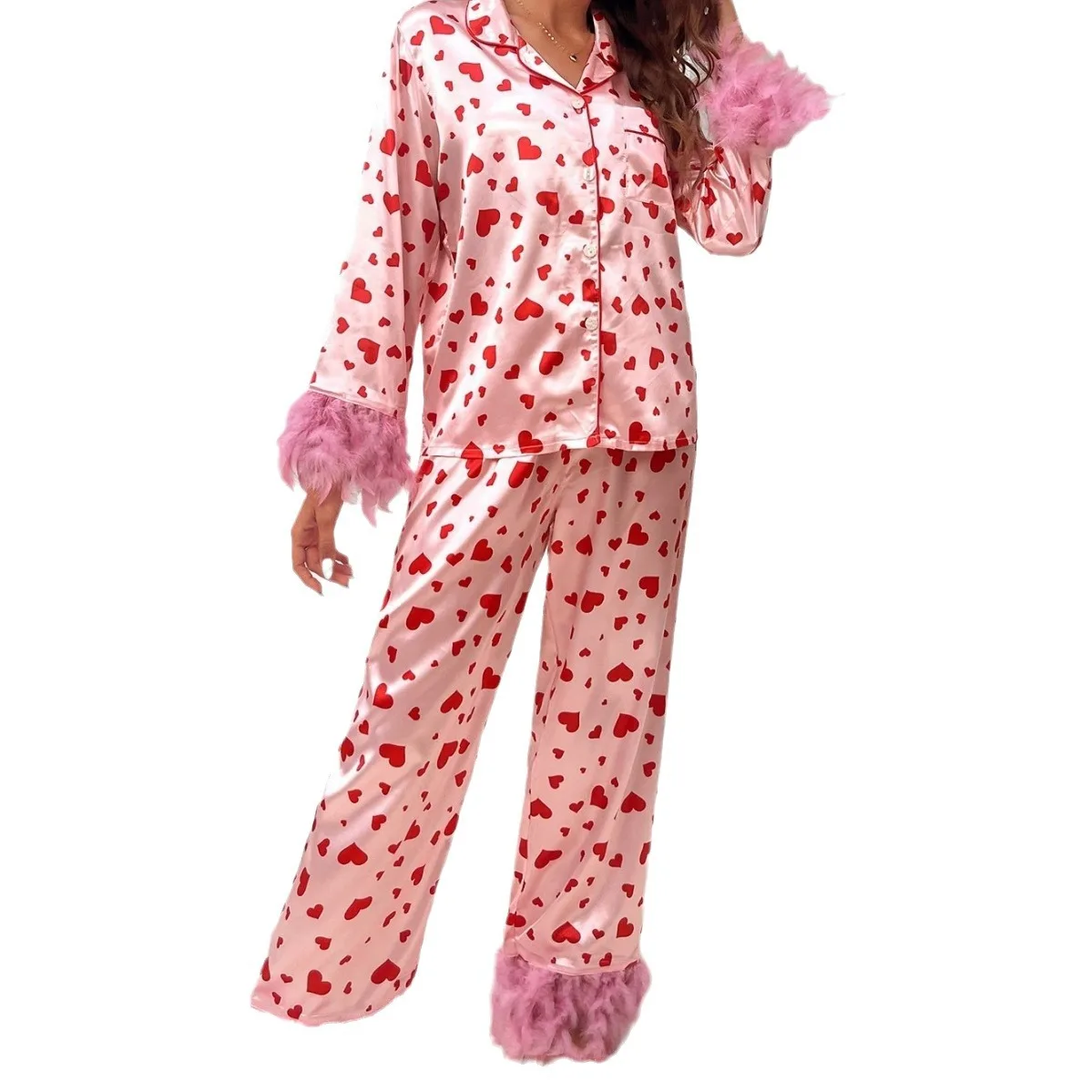 Spring 2024 New Girls Pajamas Set Valentine Day Sweet Love Print Casual Simple Home Set Comfortable Pajamas Long Sleeves Exotic