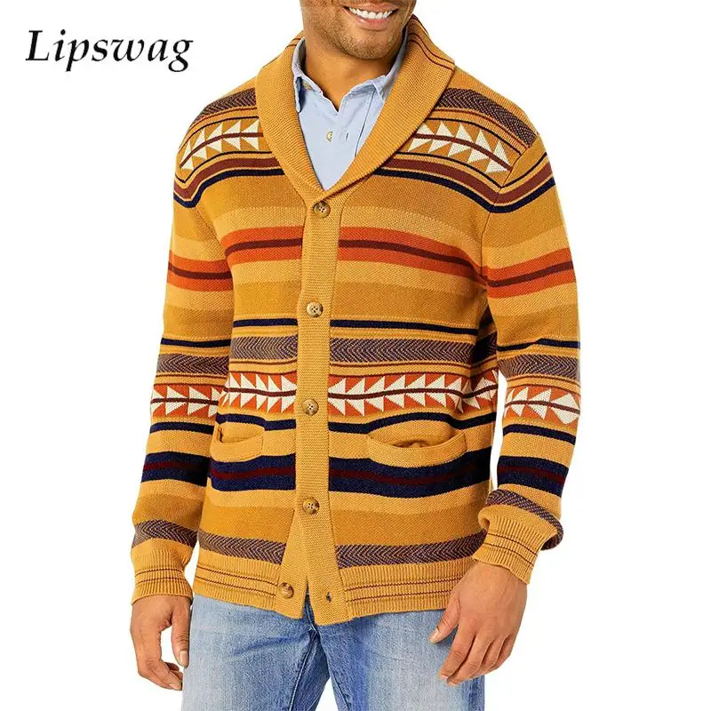 

2024 Spring Fashion Sweatercoat Mens Casual Lapel Buttoned Knitted Jacket Coats For Men Vintage Patchwork Jacquard Knit Cardigan