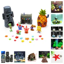 Décoration d'aquarium avec figurines de dessin animé, maison, poisson, étoile de mer, noix de coco, plante, paysage d'océan, ornements
