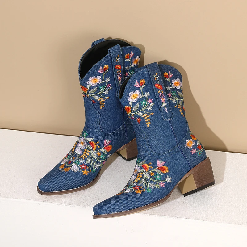 

2023 Autumn winter women mid-calf boots plus size 22-26.5cm embroider flower denim women modern Boots Thick Heel Western Boots