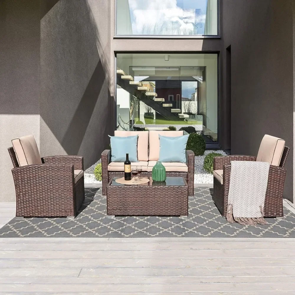 

Outdoor Sofa Sets, All-Weather Rattan Wicker Sectional Patio Sofa SetwithTempered Glass Coffee Table, Outdoor Garden Sofas Sets