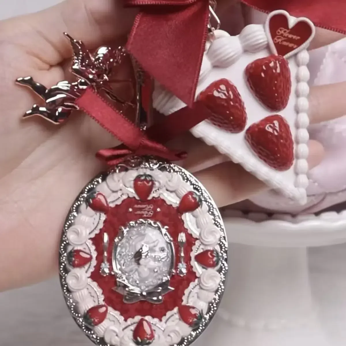 꽃 알아 딸기 큐피드 컬렉션 손 들고 거울, 절묘한 릴리프 메이크업 도구, 핑크 레드 블랙, 3 가지 유형