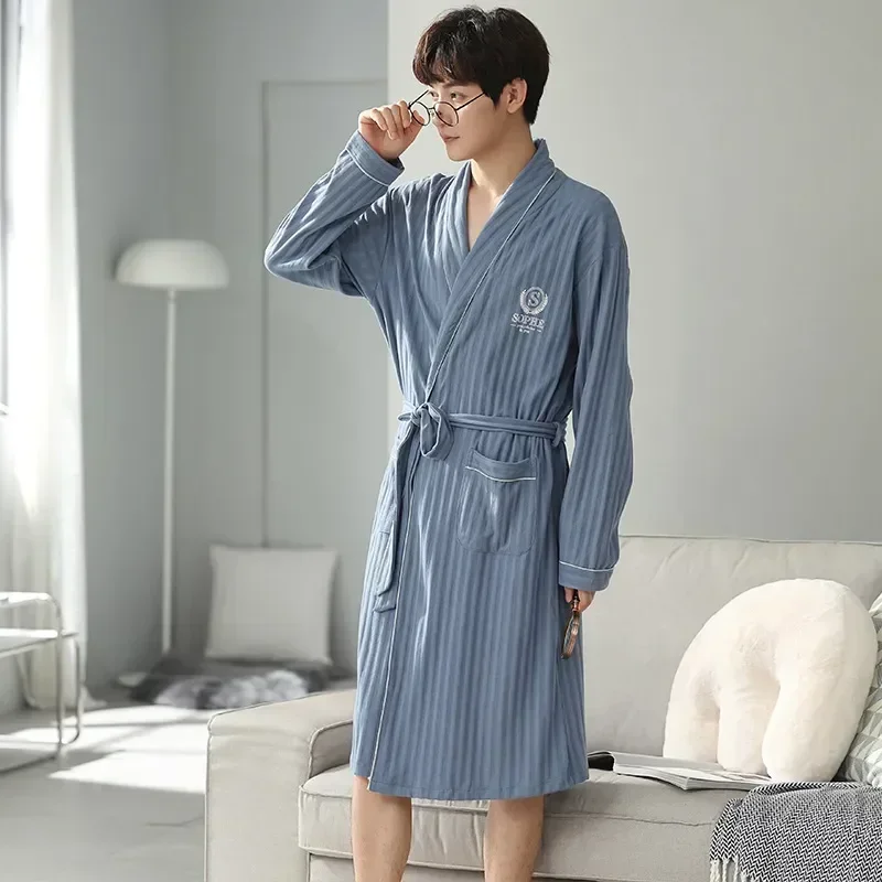 

Lounge Robe Sleepwear Clothes Cotton Stripe Gown Printing Wear Pyjama Pajamas Autumn Pit Bathrobe Male Home Nightwear Men