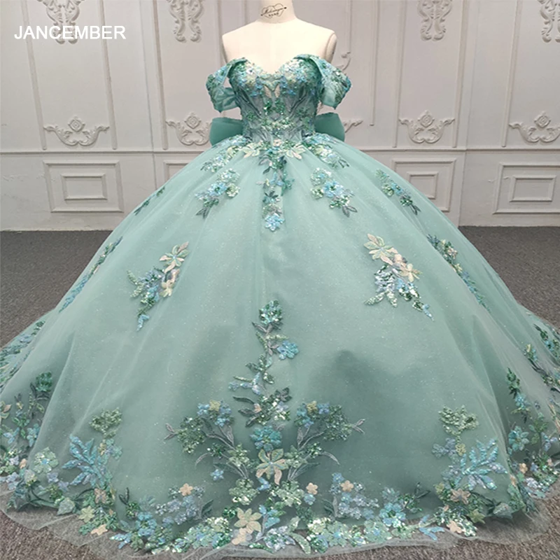 

Superfine Fashion Green Quinceanera Dress Strapless Organza Pattern Bow Ball Gown Evening Dress Vestidos De Fiesta