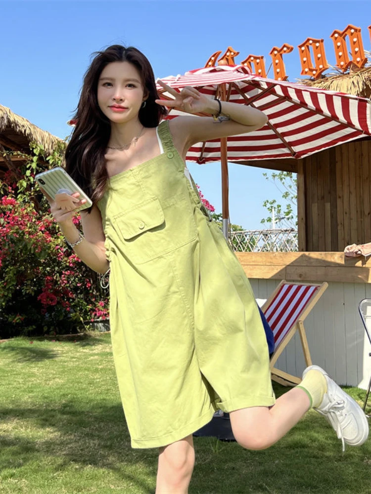 2022 Summer New Baggy Overalls Women Korean Loose High Waist Wide Leg Jumpsuits Fashion One-piece Shorts Female