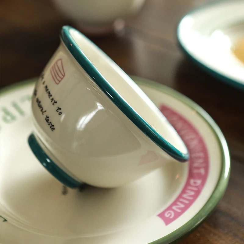 Ceramic Tableware Set Dinner Plate Rice Bowl Dishes Cute Simple Letter Printing Round Plate Home Party Tableware Warmhouse Gift
