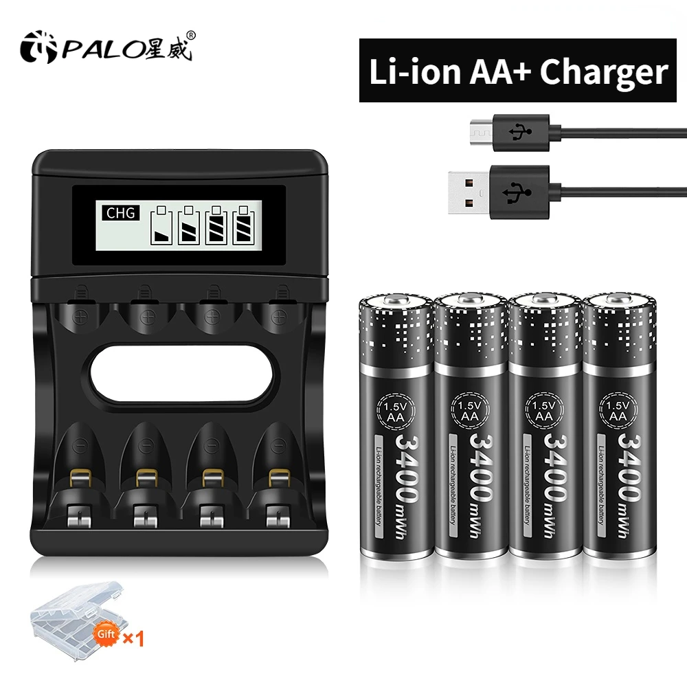 

PALO 1.5V AA Li-ion Rechargeable Battery with LCD Charger 2A 1.5 Volts Lithium Batteria For Clocks, Mice, Computers Toys Car