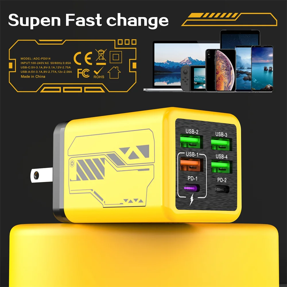 240W USB C Fast Charger 6 in 1 Fast Charging Adapter EU/US/UK Wall Charger 2PD + 4USB QC3.0 Charger for iPhone 16 Samsung Xiaomi