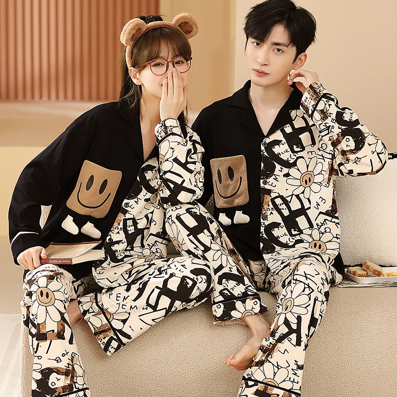 Youth Couple's Pajamas Spring Cotton Cartoon Cute Men and Women Matching Lounge Wear Lapel Sweet Print Pjs pijama mujer hombre