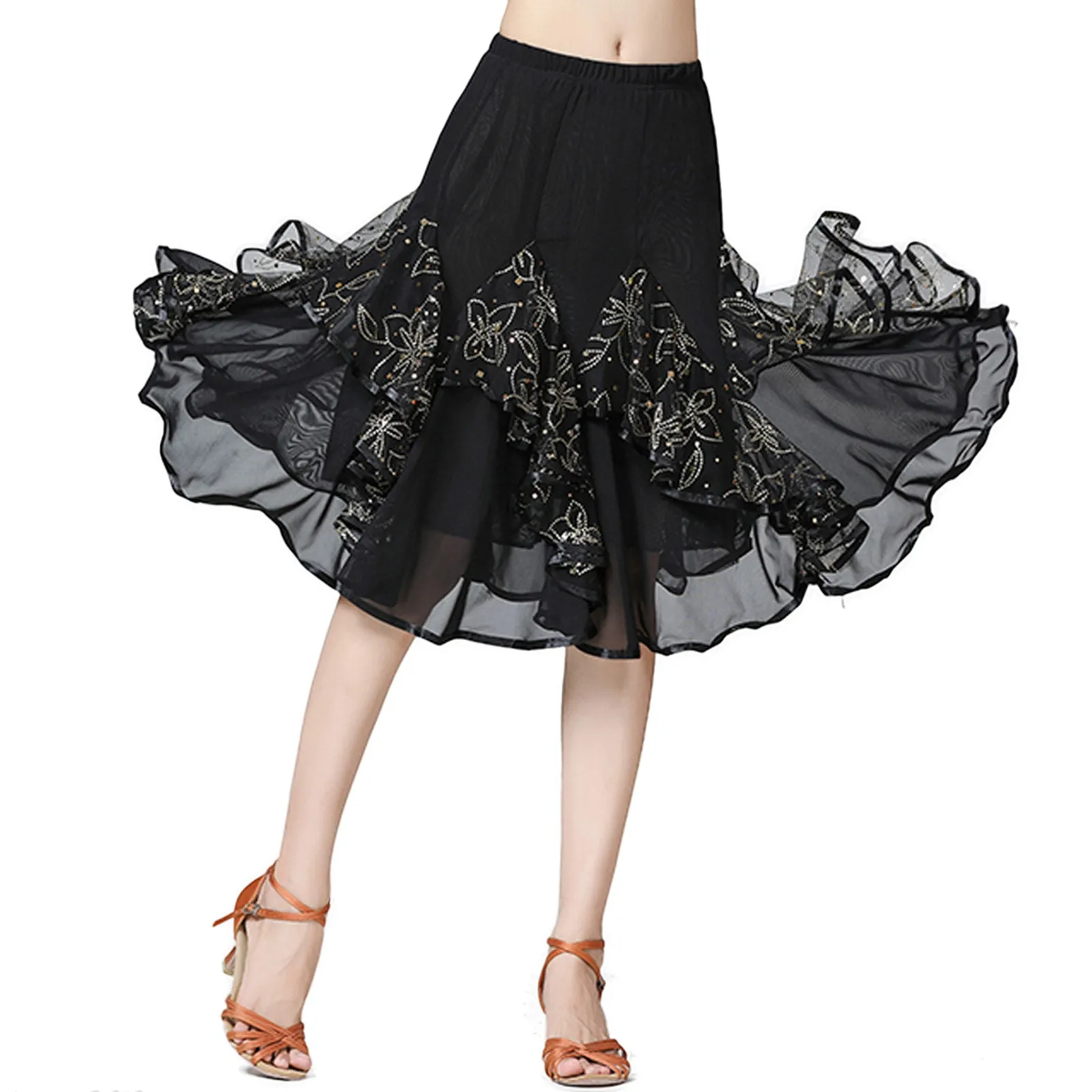 

Women's Ballroom Practice Skirt Performance Dancewear Half SkirtS Lace Mesh Sequin Embroidery Tulle Skirts High Waist Costume