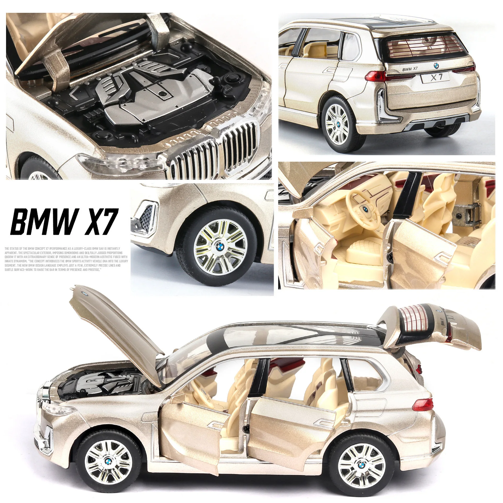 1:24 BMW X7 X5 XM SUV 합금 자동차 모델 다이캐스트 장난감 차량, 금속 장난감 자동차 모델 시뮬레이션 컬렉션, 사운드 라이트 어린이 장난감