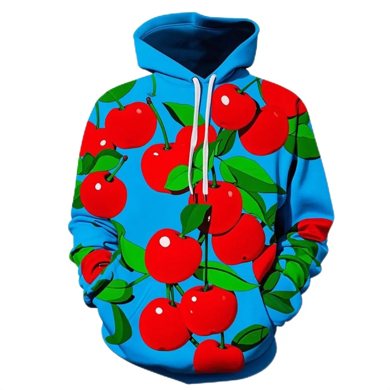 Nueva sudadera con capucha divertida con estampado de cerezas, moda de otoño, ropa deportiva con patrón de frutas, diseño informal y holgado, sudadera con capucha de calle para hombre 2024