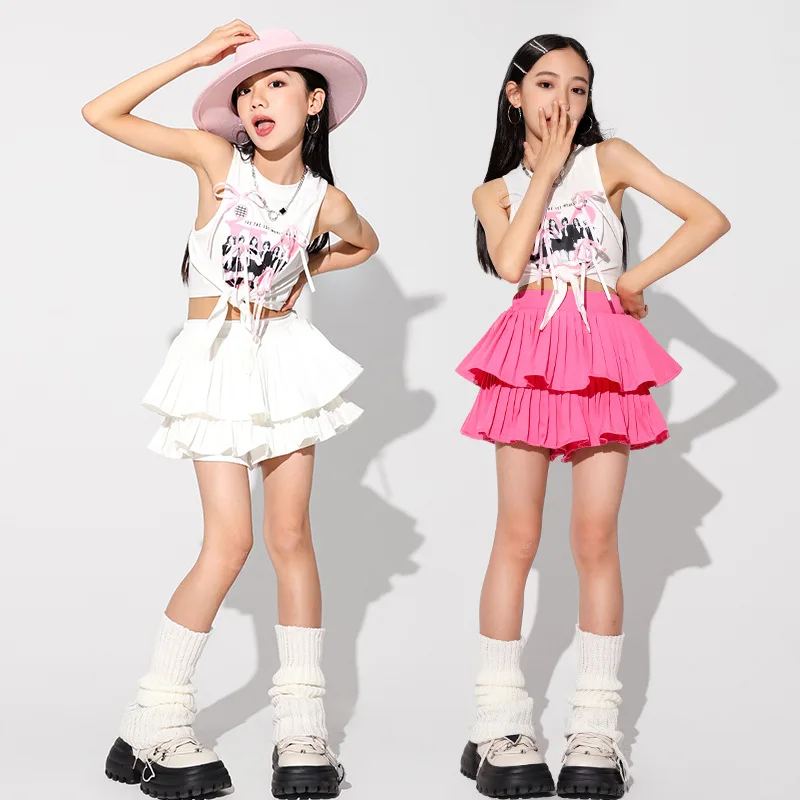 Pink Fashion Summer Hip Hop Dance Costume 4 Girls Jazz T Shirt Skirt Kid Ballroom Dancing Clothes Stage Outfit Perform Show Wear