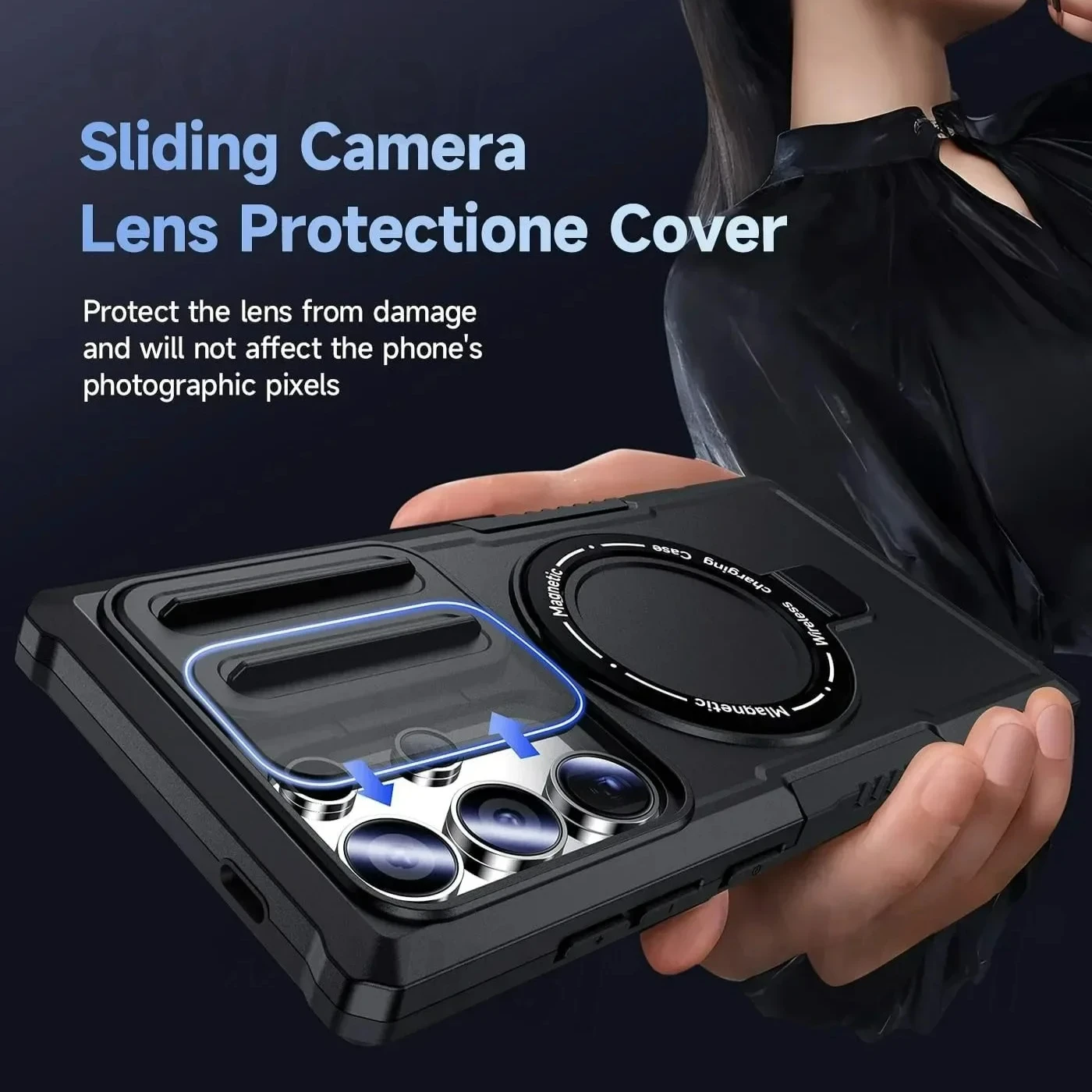 Magnetic Slide Camera Case with Heavy Duty Shock Absorption and Kickstand Cover