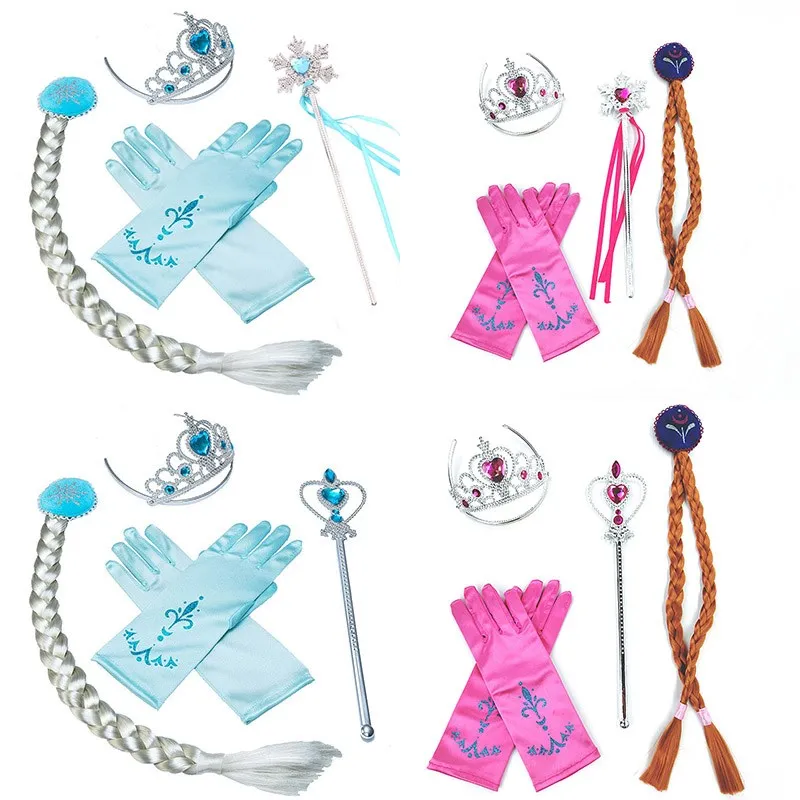 Girls Elsa Anna Accessories Set Kids Party Princess 4 Piece Set Snow Queen Snowflake Magic Wand Tiara Crown Gloves Wig Braid