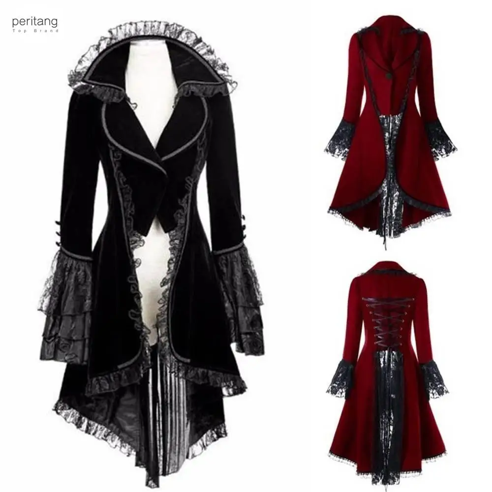 

PERITANG Women Vintage Medieval Steampunk Coat Long-sleeved Bandage Lace Stitching Halloween Gothic Overcoat Tailcoat Outwear