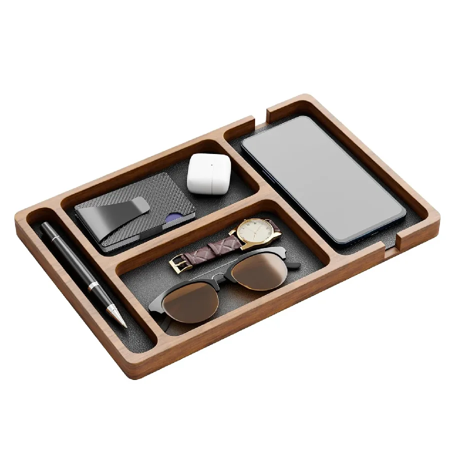 Scatola portaoggetti da scrivania in legno massello con divisori, organizer per cellulare, cuffie e piccoli oggetti, vassoio portaoggetti in legno - immagine 6