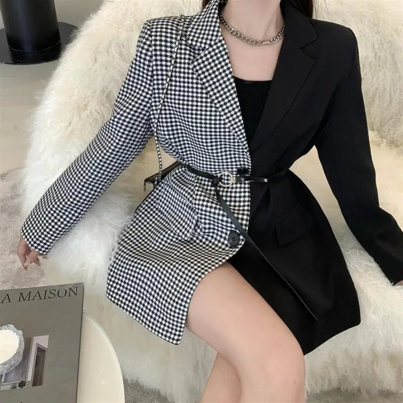2023 Autumn Women Fashion Blazers Unique Patchwork Houndstooth Loose Suits Jacket Korean Lady Graceful Coats with Waistbelt