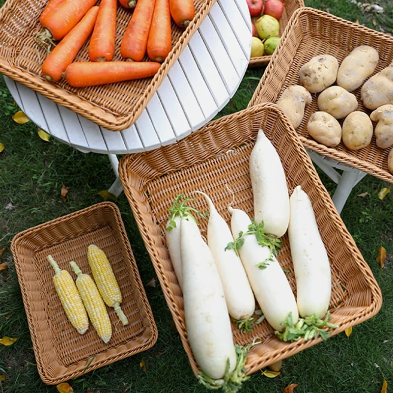 Handmade Rattan Woven Storage Trays Fruit Vegetables Bread Wicker Baskets Restaurant Serving Tabletop Display Storage Baskets 4