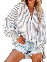 Women's Plus Size 1XL-5XL Casual Striped Breathable Long Sleeve Blouse Shirt Ladies Fashion V-neck Button-down Loose Shirt Top - Image 3