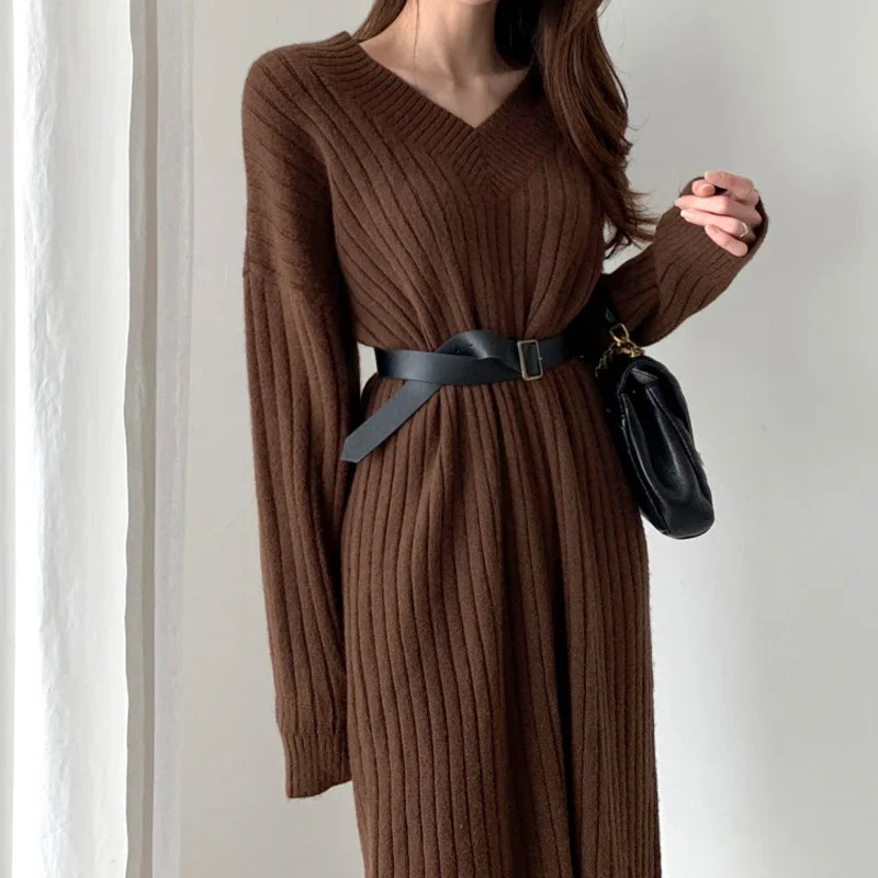 

Winter Warm Long Sleeve Sweaters Knitted Dresses Knitting Robe Women Loose Solid Elegant Mature Maxi Dress 2021 Autumn Sweater