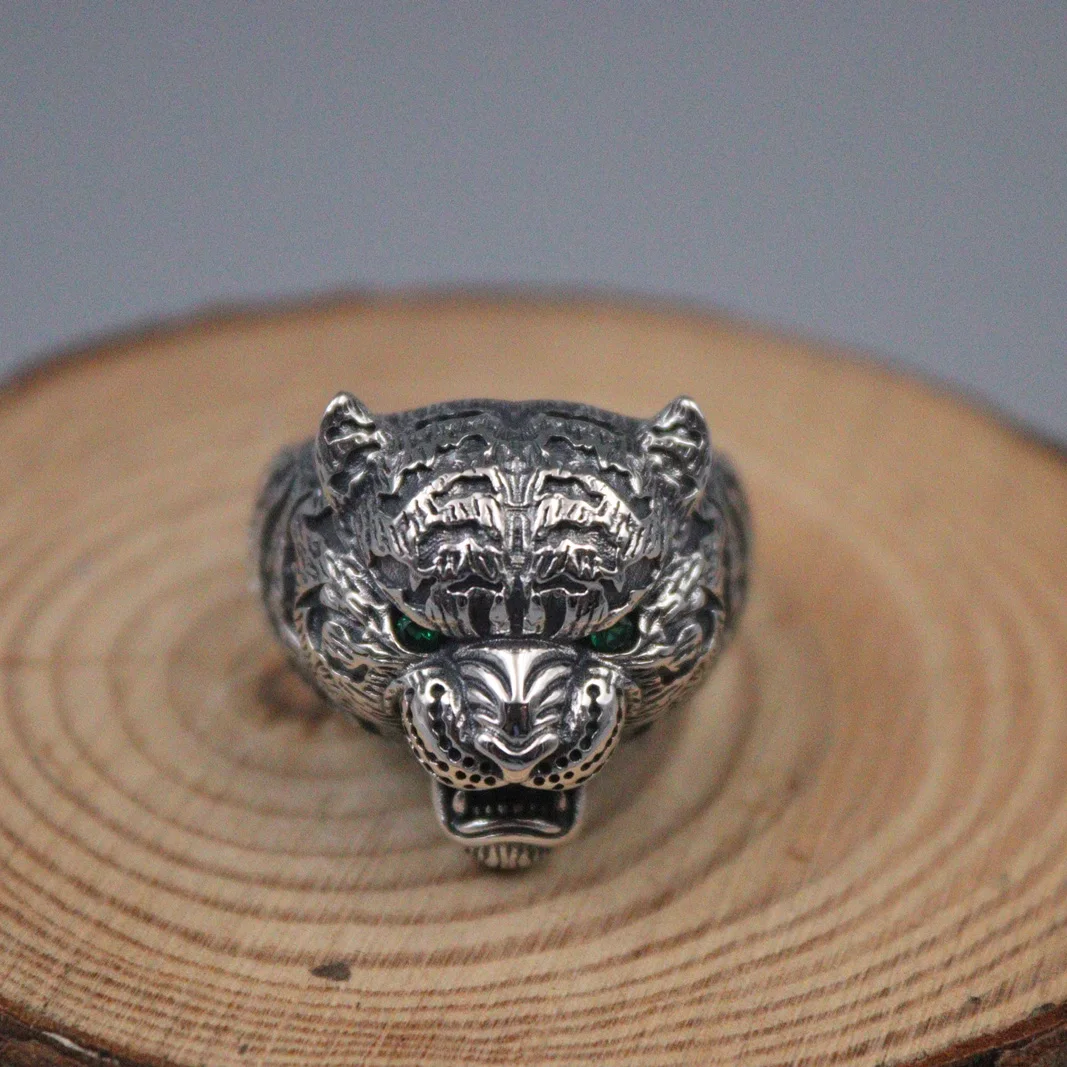 

Real 925 Sterling Silver Ring For Men Domineering Tiger Head with Green Eye Male's Personality Vintage Silver Ring US 8-13