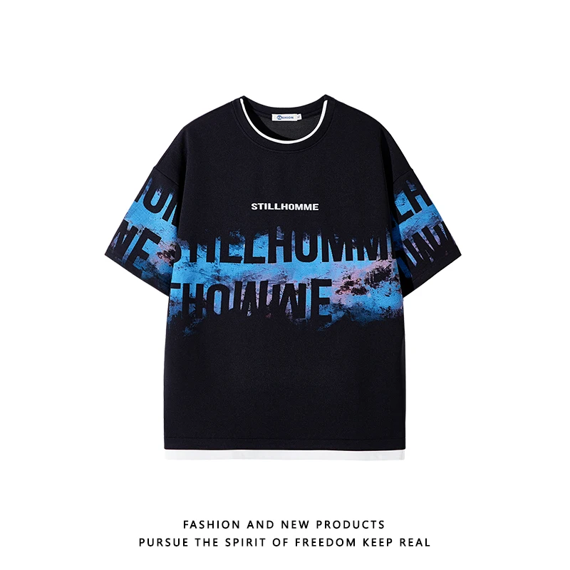 

Fashion Tie-Dye Tshirts Letter Printed Casual Men T-shirt Splicing Collision Round Neck Top Black White Short Sleeve Couple Tee