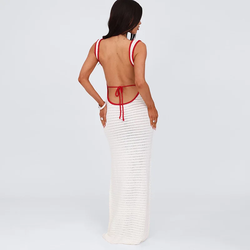 Knit Contrast Backless Long Dress Female Lace-Up Slim Patchwork Beach Holiday High Waist Dress Women's Knitwear Maxi Dress