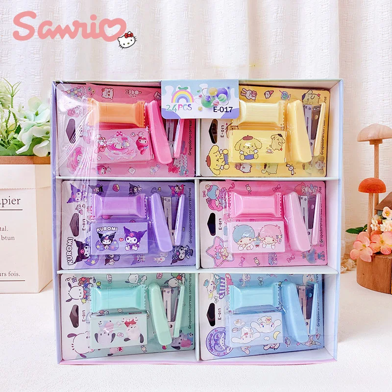 24pcs-sanrio-mini-stapler-set-kulomi-combination-melody-pachacco-student-binding-tools-stapler-stationery-school-office-supplies