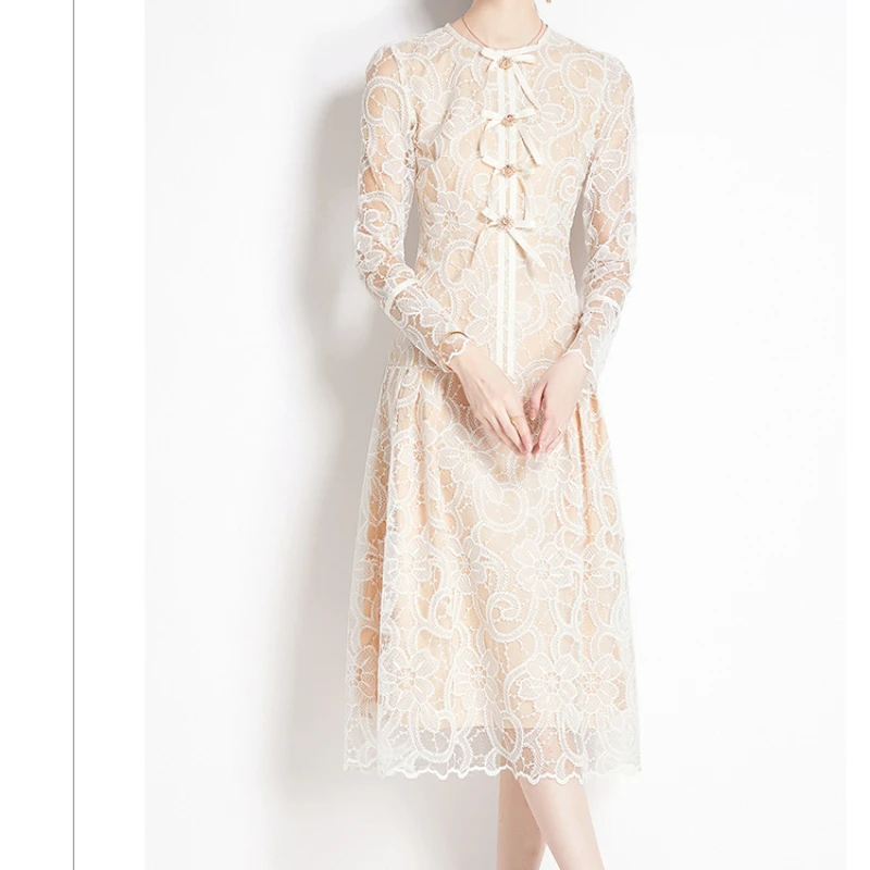 

Vintage Black Lace Dress Women Hollow Out 2023 Long Sleeve Elegant Evening Dresses Female O-neck Single-breasted Clothing