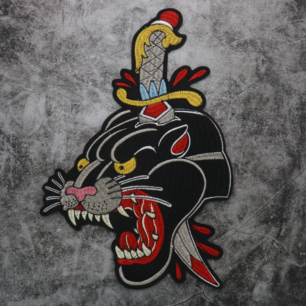 Leopard Sword Embroidered Iron-On Clothing Patch | Animal Applique Garment Accessory