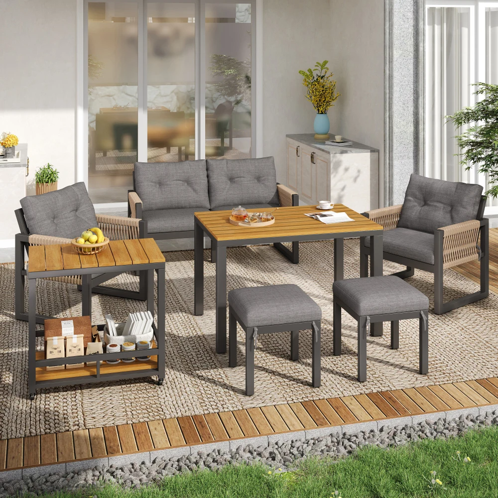 Modernes Outdoor-Mehrsitzer-Sofa-Set mit Eisenrahmen, Geflochtenen Armlehnen, Weichen Sitzkissen & Multifunktionalem Tisch – Detail 10