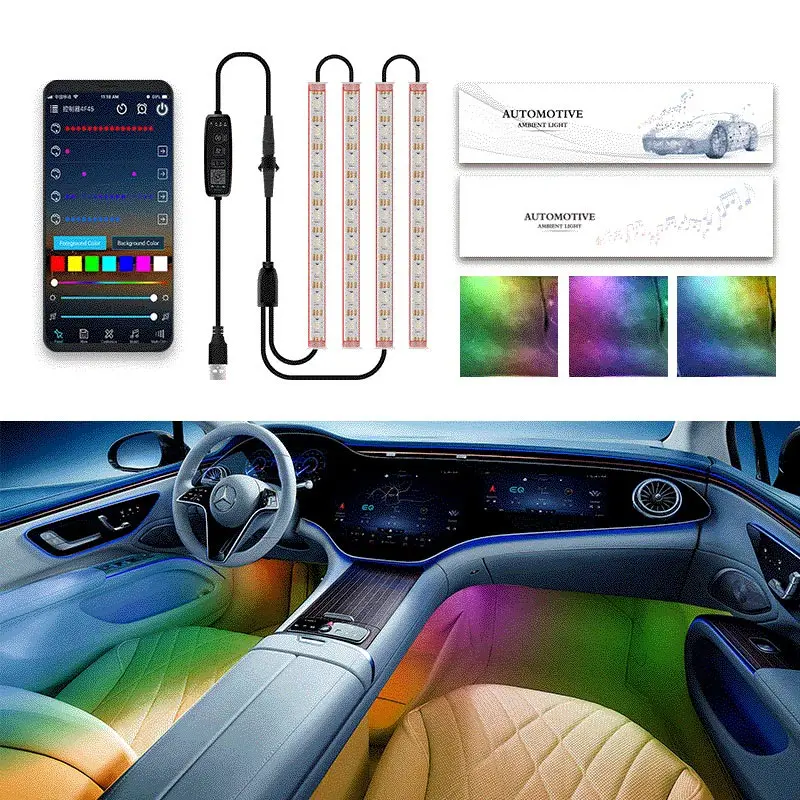 LED 자동차 인테리어 앰비언트 풋 라이트 스트립 네온 조명 백라이트 키트, USB 원격 앱 음악 제어, 자동 RGB 장식 램프