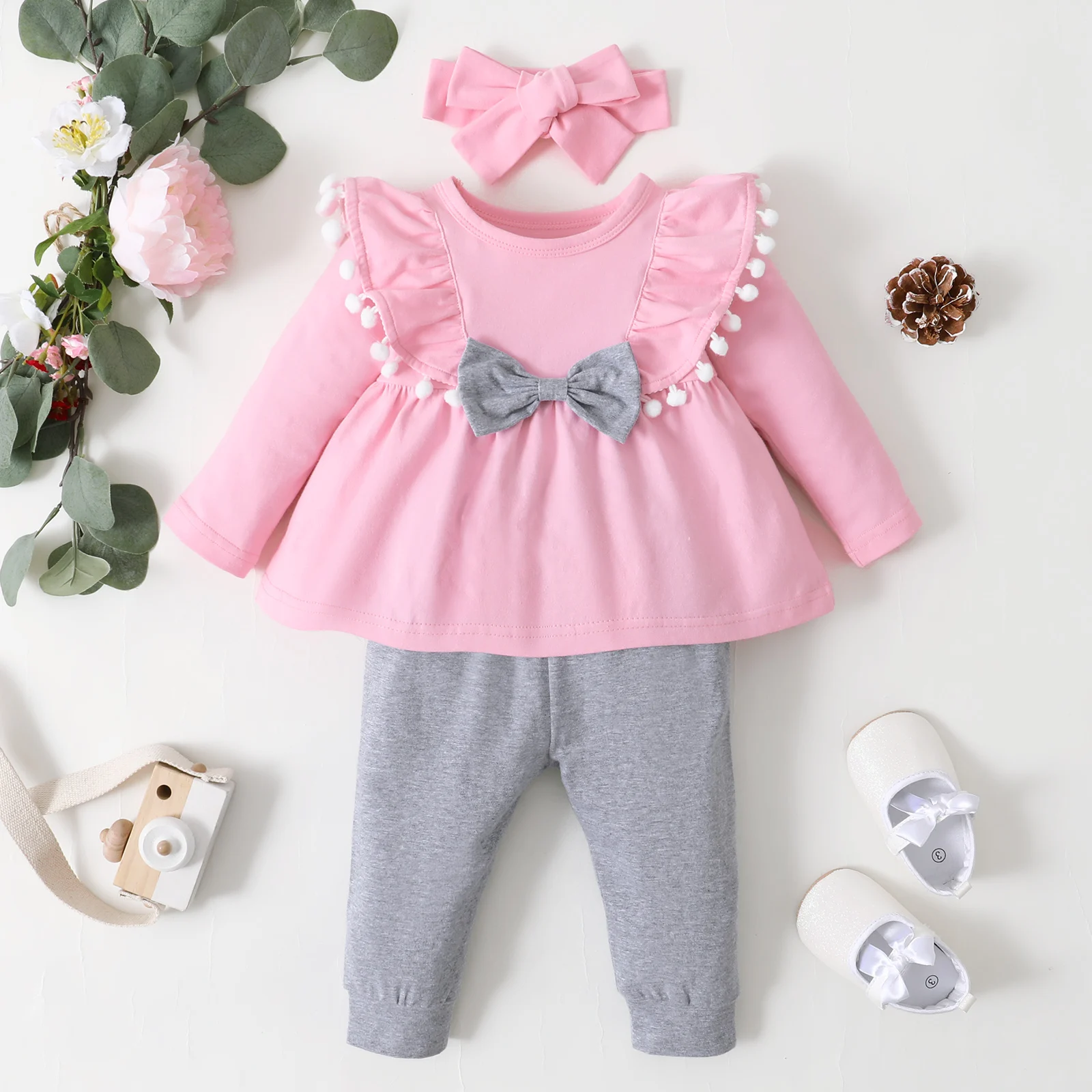 Newborn Baby Girls Clothes Set Pink Toddler Ruffle Tops Heart Print Bow Trousers Princess Casual Infant Outfits Clothes Suit sun baby clothing set Baby Clothing Set