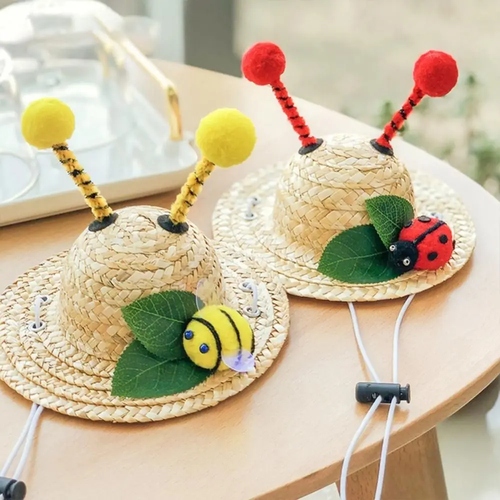 

Bee Ladybug 2023 for Beach Party Wide Brim Woven Dog Straw Hat Dog Accessories Puppy Headdress Dog Sun Hat