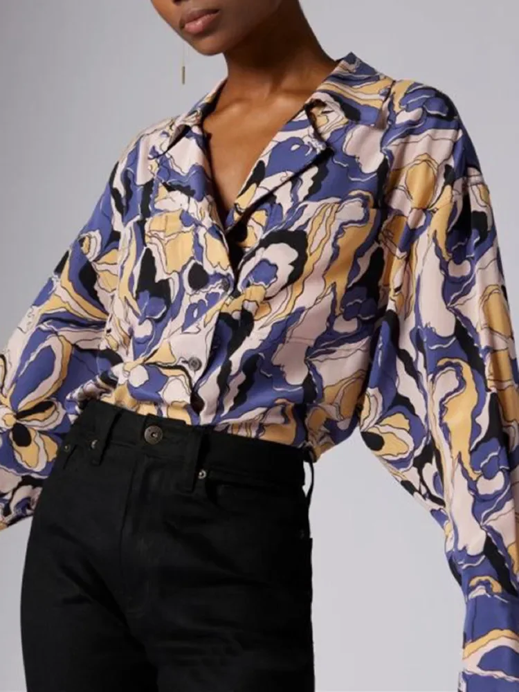 

Women Silk Blouse Turn-down Collar Single Breasted Spring New Vintag Printed Shirt with Pockets