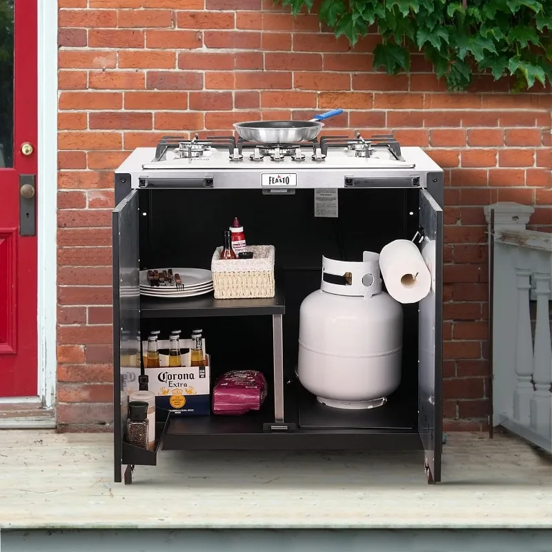 Gas Grill, Movable Outdoor Gas Stove Stainless Steel Top with Cabinet, 5 Burners with 36,200 BTUs 2