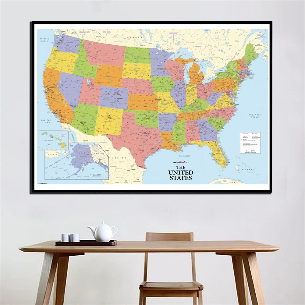 Map of The United States with Details Non-woven Canvas Painting Wall Art Poster 150*100cm School Supplies Home Decoration