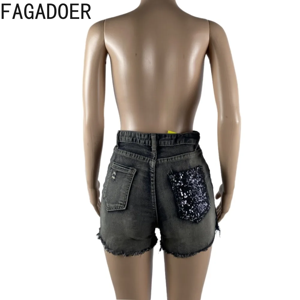 FAGADOER Fashion Y2K Hot Girl Streetwear Women High Waisted Button Sequin Splicing Denim Shorts Female Elastic Cowboy Bottoms