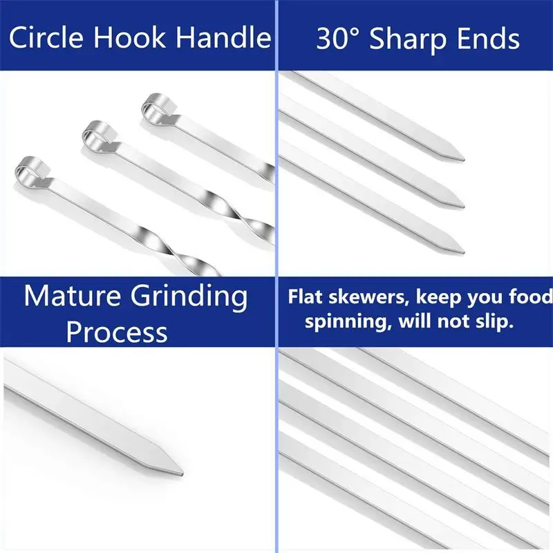 6pcs BBQ Barbecue Skewer Roasting Forks 17.7''/45cm Stainless Steel Flat Meat Skewers Outdoor BBQ Tool