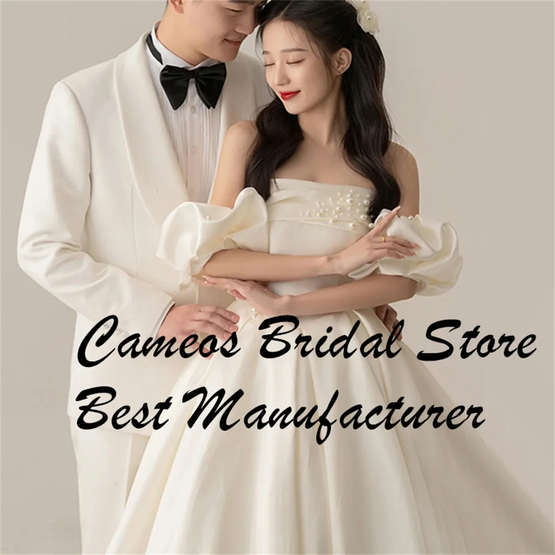 

SONDR Simple Ivory Custom Made Wedding Dresses Off the Shoulder Korea Pearls Puff Sleeves Brides Gowns Women Bridal Dresses