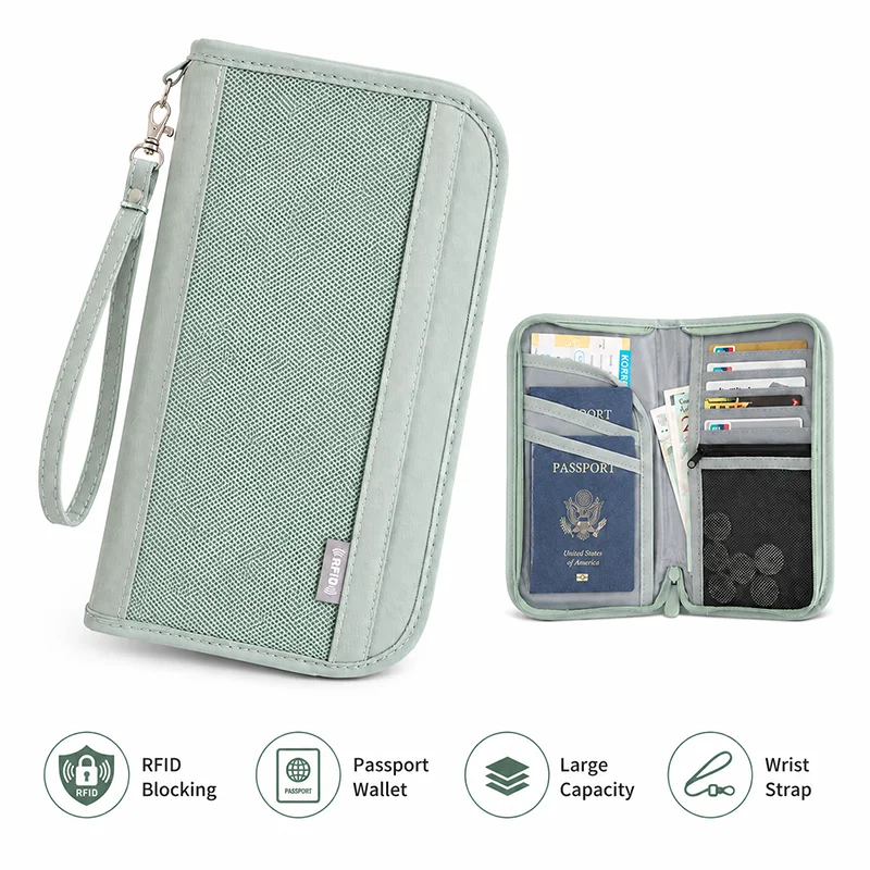 Portadocumenti RFID da Viaggio, Organizer per Passaporto, Porta Carte e Contanti con Cinturino da Polso