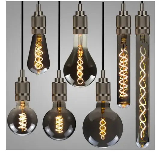 Dimmable LED GSpiral lâmpada do filamento, cinza esfumaçado, Vintage retro, luz decorativa, lâmpada de Edison, E27, 220V, 110V, 4W, ST64, G95, G125, 2700K