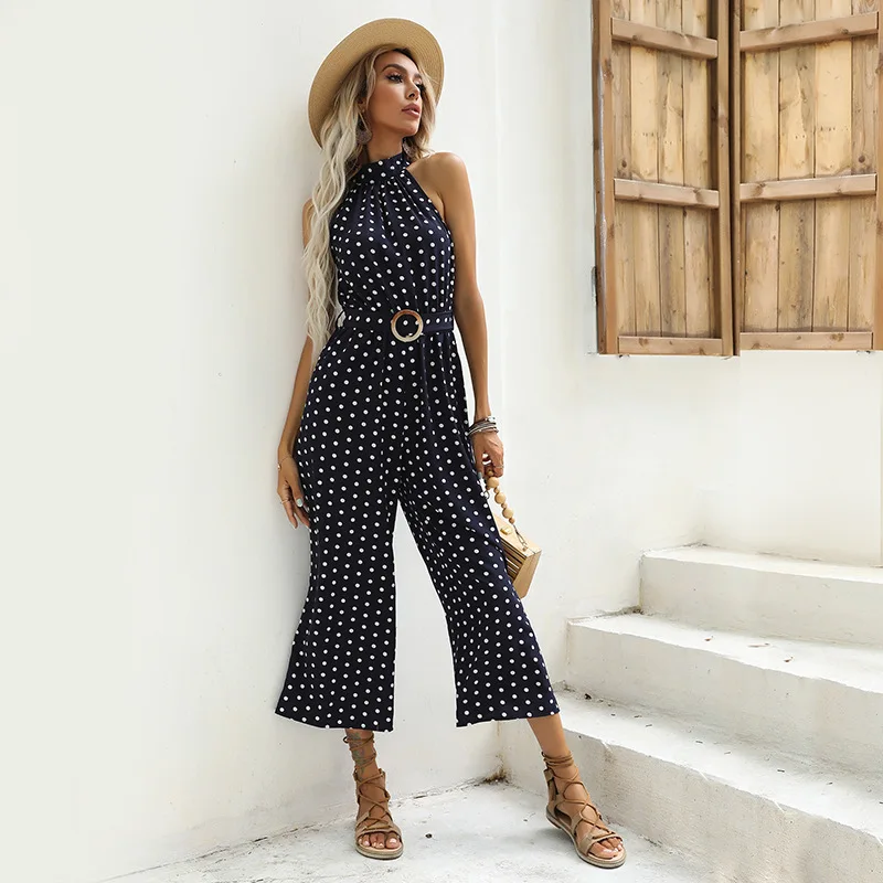 Dot Printed Women Fashion Jumpsuits with Free Belt Navy Blue Halter Sleeveless Causal Commute Playsuits New Loose Wide Leg Pants