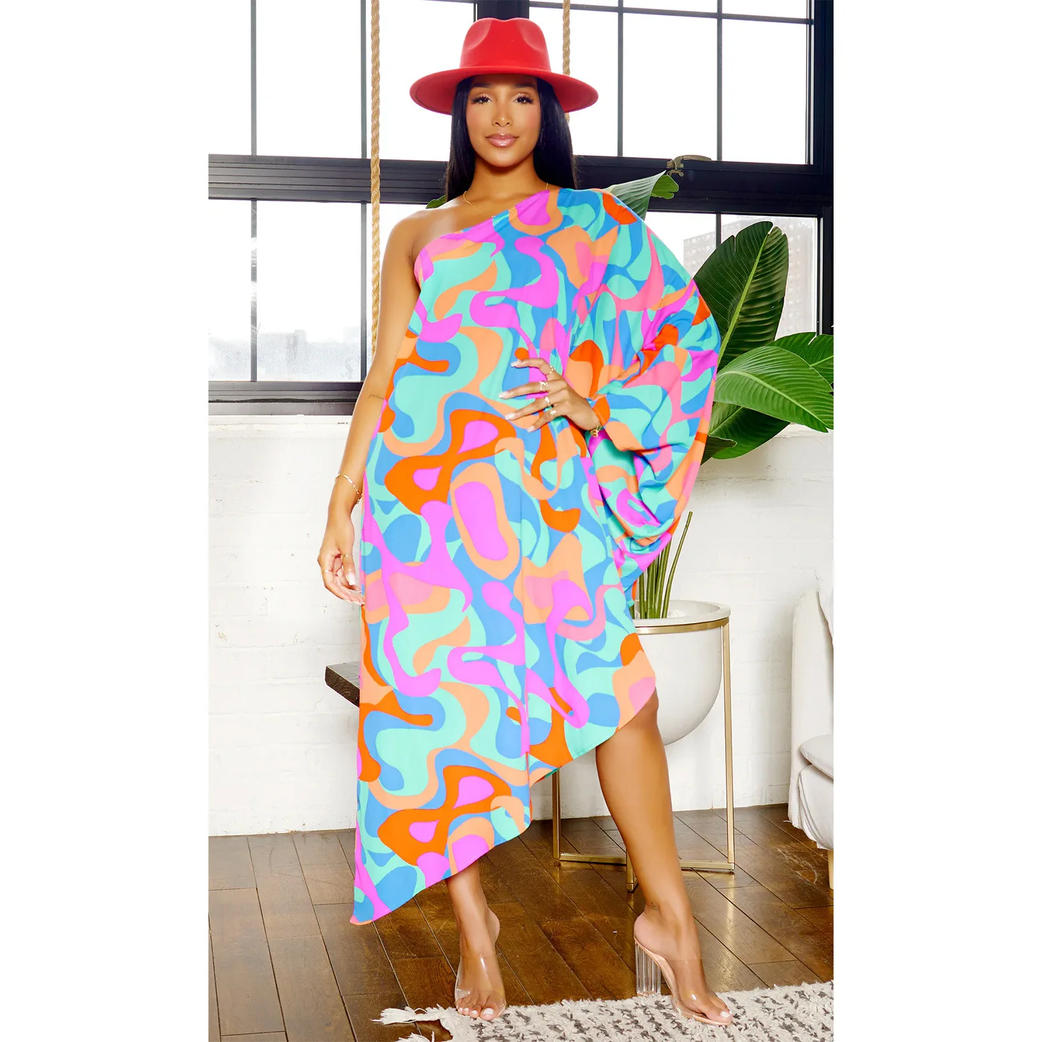 

Fashion Casual Dress with Printed Diagonal Collar and One Shoulder Long Sleeved Dress for Women