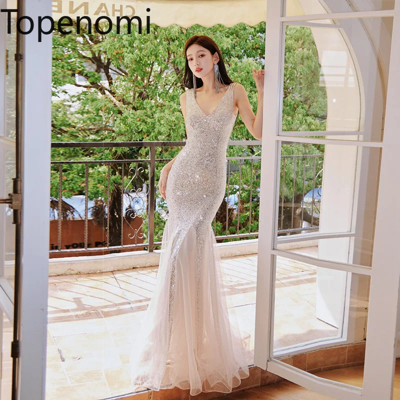 

Topenomi Shiny Sequins Sleeveless Mesh Mermaid Evening Dress Women LuxuryTemperament Waist Slim Fit Long Banquet Evening Gown