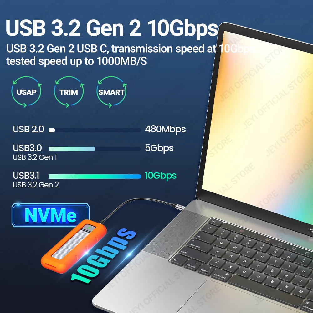 JEYI M.2 NVMe SSD Enclosure Turbo Fan USB C 3.2 Gen 2 10 Gbps NVME External Solid State Drive Silicone Protector Case