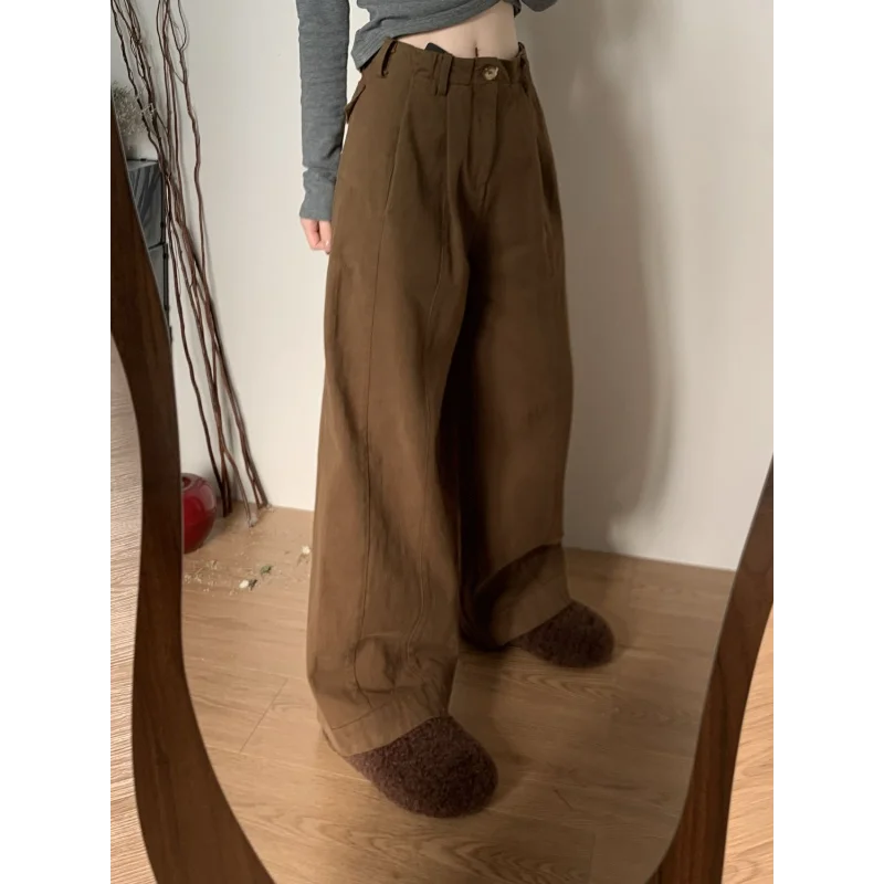 Pantaloni casual da donna autunno e inverno caffè a vita alta gambe larghe pantaloni larghi dritti pigri 3