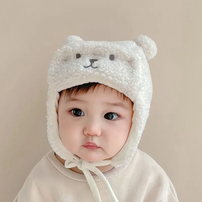 New Cute Bear Baby Hat with Earflap Winter Warm Lamb Wool Infant Beanie Cap Solid Color Cartoon Ears Toddler Ear Protection Caps